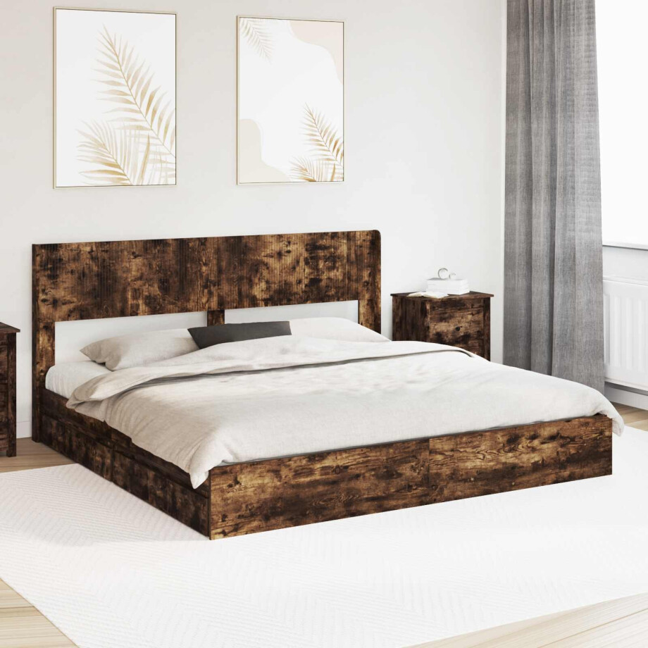 vidaXL Bedframe met opbergruimte en hoofdbord Gerookt eiken afbeelding 1