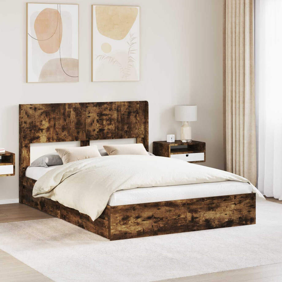 vidaXL Bedframe met opbergruimte en hoofdbord Gerookt eiken vidaXL Bedframe met opbergruimte en hoofdbord Gerookt eiken afbeelding 1