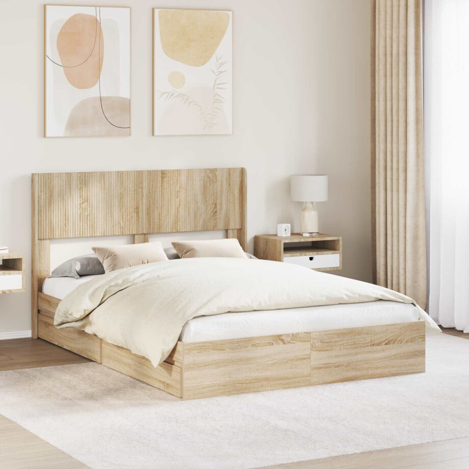 vidaXL Bedframe met opbergruimte en hoofdbord Sonoma Eiken afbeelding 1
