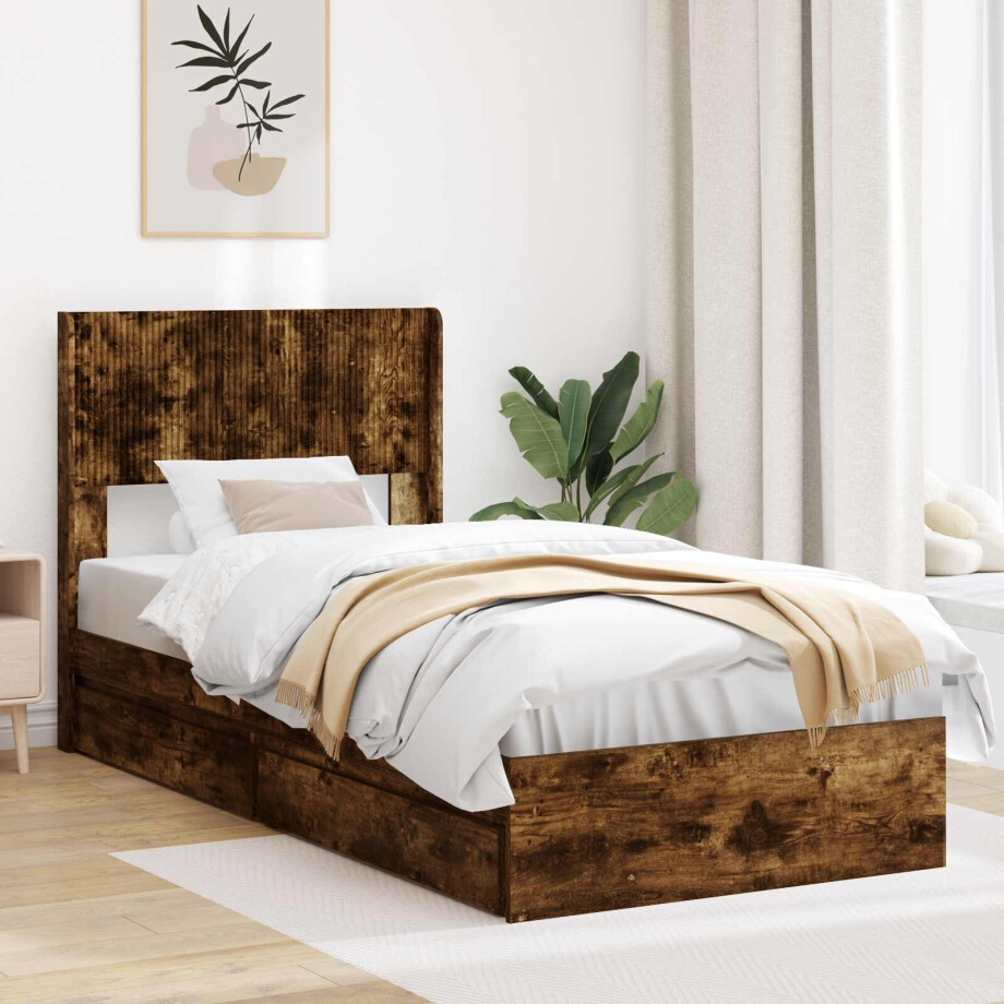 vidaXL Bedframe met opbergruimte en hoofdbord Gerookt eiken vidaXL Bedframe met opbergruimte en hoofdbord Gerookt eiken afbeelding 1