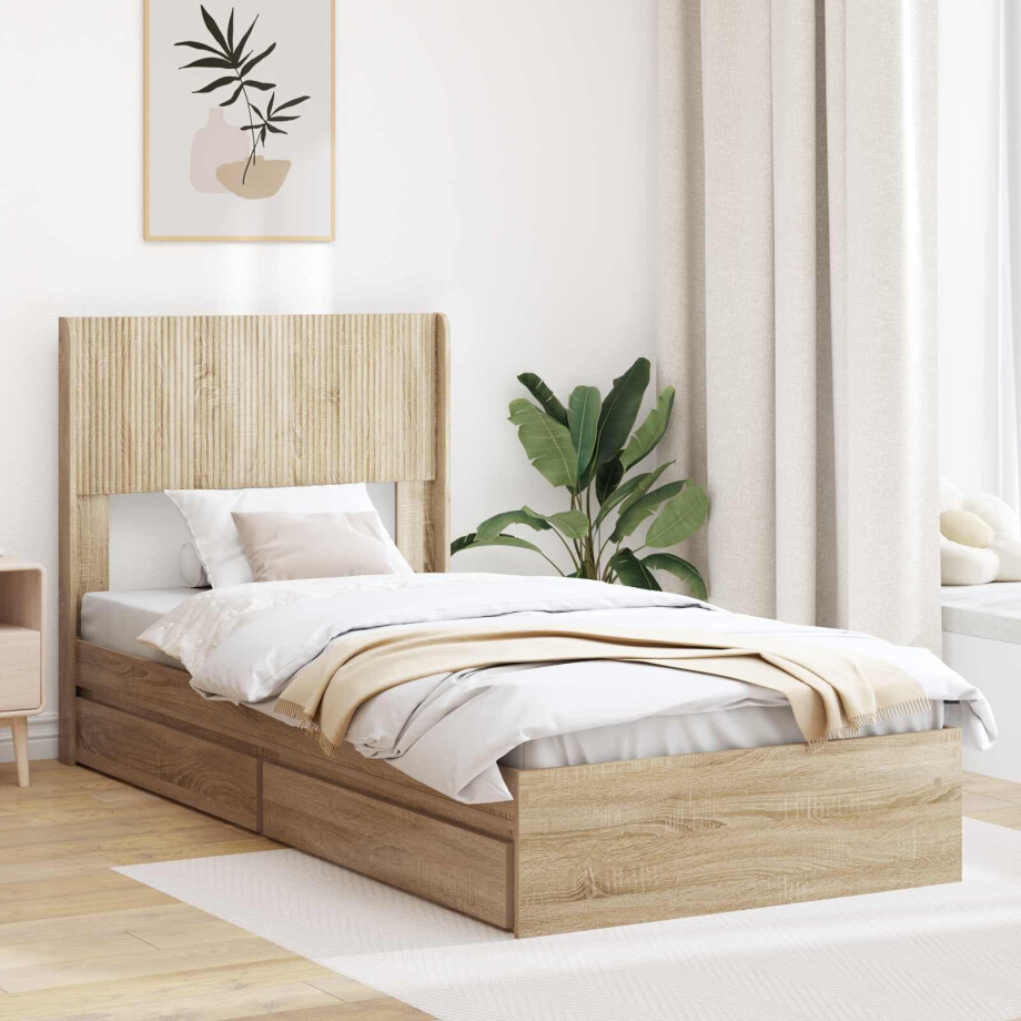 vidaXL Bedframe met opbergruimte en hoofdbord Sonoma Eiken 75 x 190 cm vidaXL Bedframe met opbergruimte en hoofdbord Sonoma Eiken 75 x 190 cm afbeelding 1