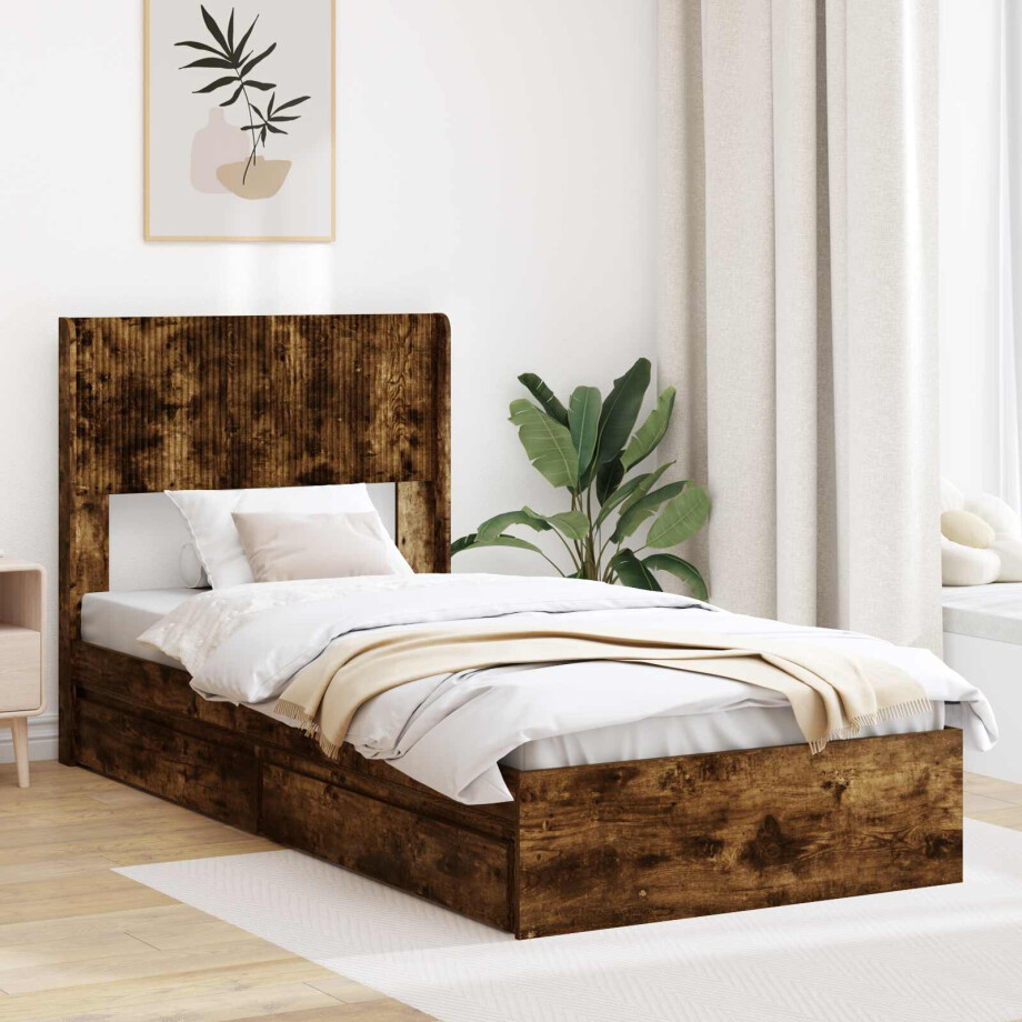 vidaXL Bedframe met opbergruimte en hoofdbord Gerookt eiken vidaXL Bedframe met opbergruimte en hoofdbord Gerookt eiken afbeelding 1