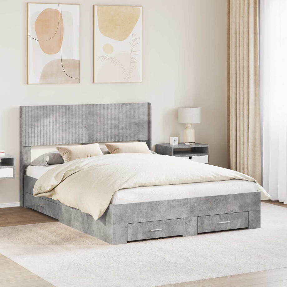 vidaXL Bedframe met opbergruimte en hoofdbord Betongrijs Bewerkt hout afbeelding 1