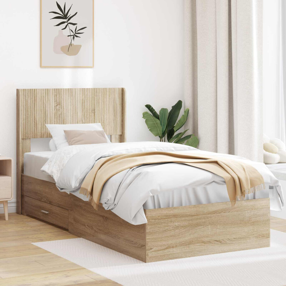 vidaXL Bedframe met opbergruimte en hoofdbord Sonoma Eiken afbeelding 1