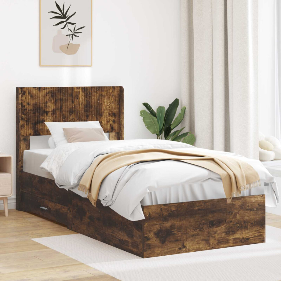 vidaXL Bedframe met opbergruimte en hoofdbord Gerookt eiken afbeelding 1