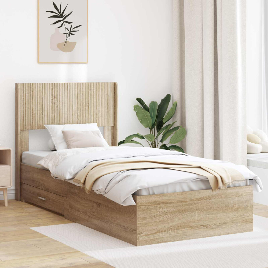 vidaXL Bedframe met opbergruimte en hoofdbord Sonoma Eiken 75 x 190 cm vidaXL Bedframe met opbergruimte en hoofdbord Sonoma Eiken 75 x 190 cm afbeelding 1