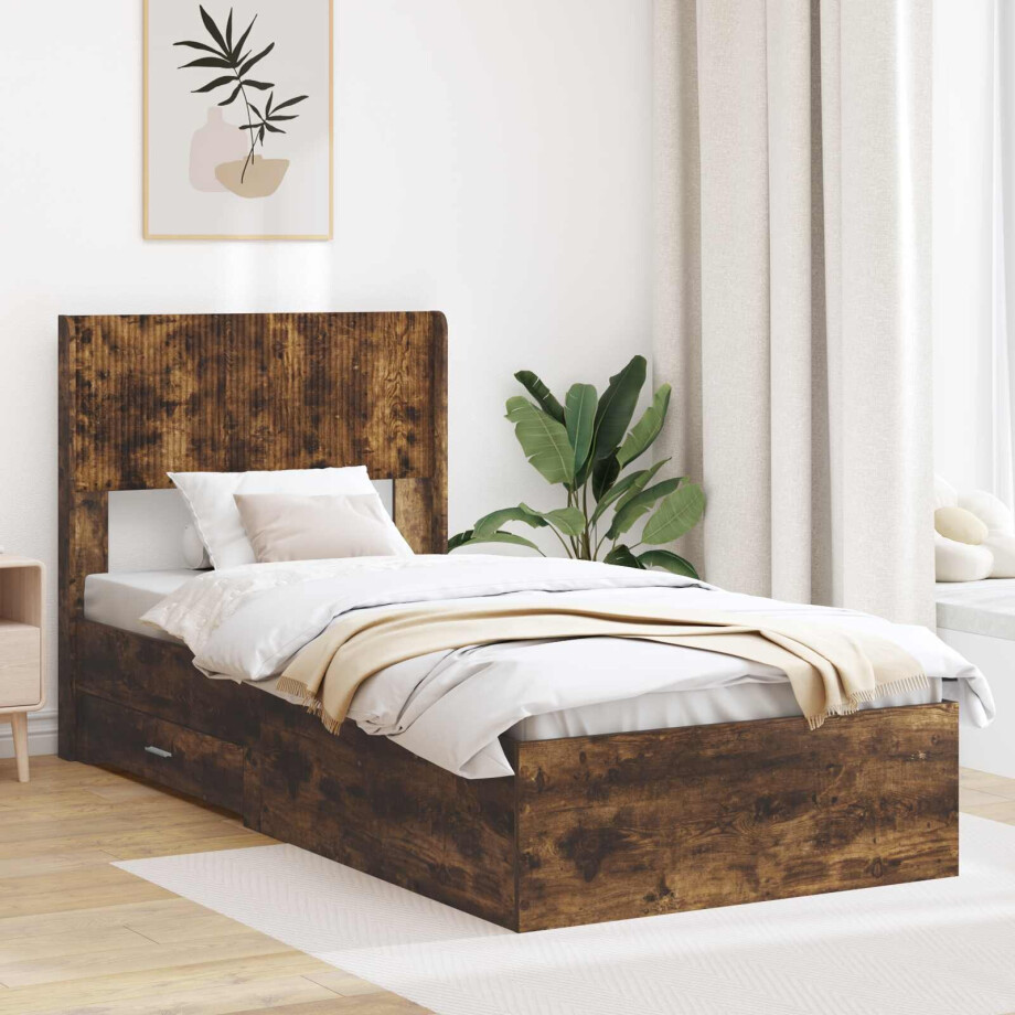 vidaXL Bedframe met opbergruimte en hoofdbord Gerookt eiken vidaXL Bedframe met opbergruimte en hoofdbord Gerookt eiken afbeelding 1