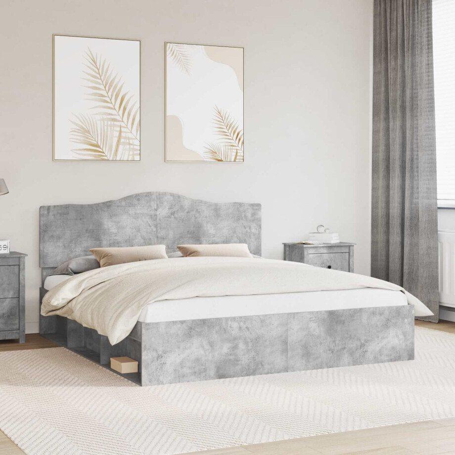 vidaXL Bedframe met hoofdeinde Beton 200 x 200 cm Massief grenenhout afbeelding 1