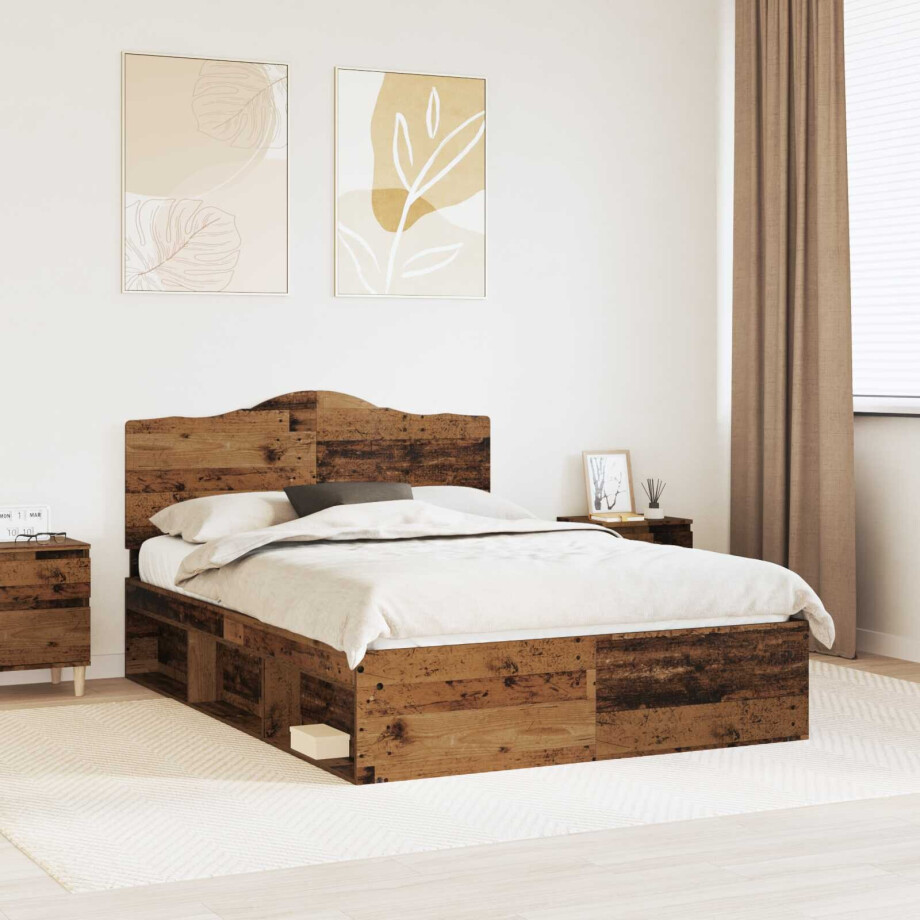 vidaXL Bedframe met hoofdeinde Oudhout 150 x 200 cm Massief grenenhout afbeelding 1