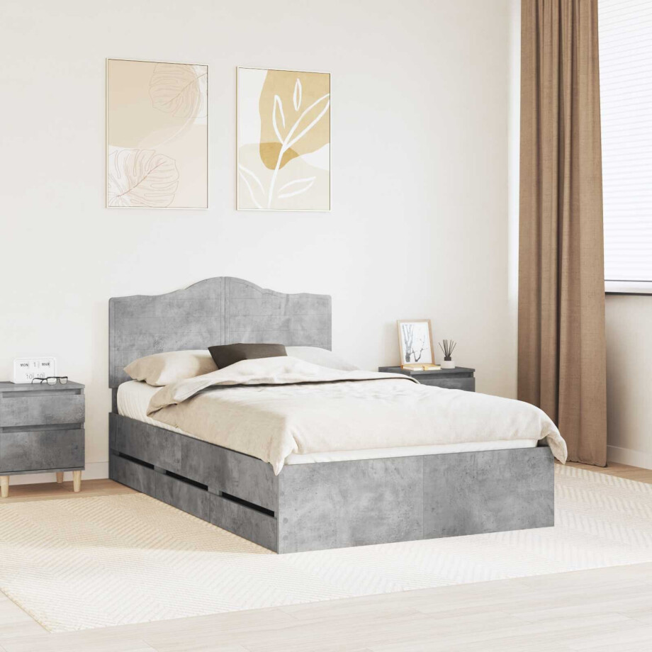 vidaXL Bedframe met lade Beton Grijs 135 x 190 cm Ingenieurshout afbeelding 1
