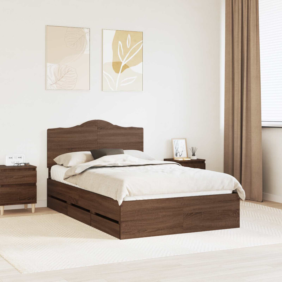 vidaXL Bedframe met lade Bruin eiken 135 x 190 cm Ingenieurshout vidaXL Bedframe met lade Bruin eiken 135 x 190 cm Ingenieurshout afbeelding 1