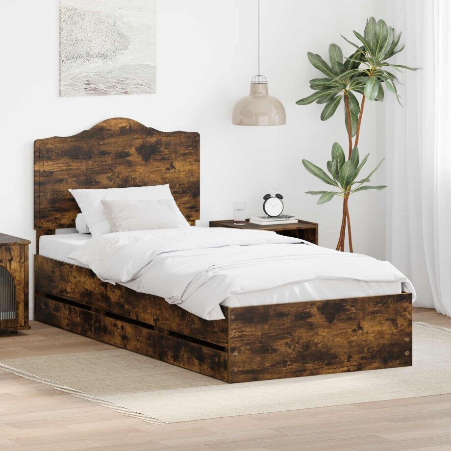 vidaXL Bedframe met lade Gerookte Eik 90 x 190 cm Ingenieurshout afbeelding 1