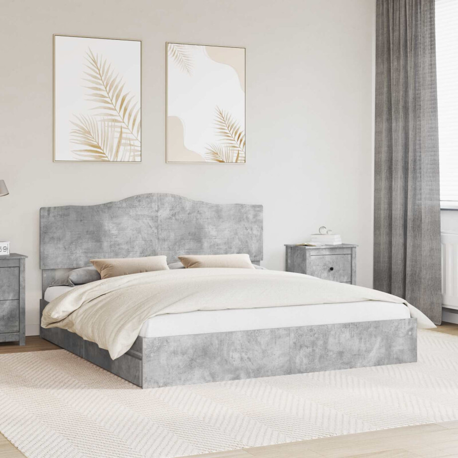 vidaXL Opslag bed met hoofdeinde Beton Grijs 200 x 200 cm Bewerkt hout afbeelding 1