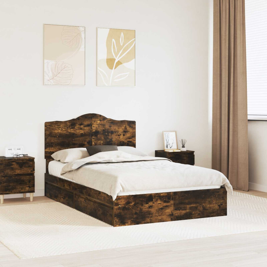 vidaXL Opslag bed met lade Gerookt eiken 120 x 190 cm Bewerkt hout afbeelding 1