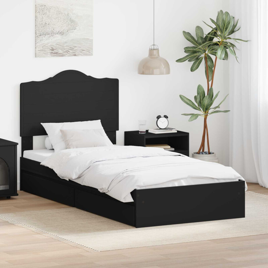 vidaXL Opslag bed met hoofdeinde Zwart 100 x 200 cm Bewerkt hout afbeelding 1