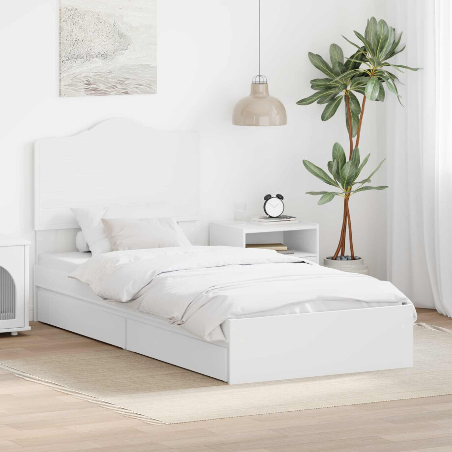 vidaXL Opslag bed met hoofdeinde met lade Wit 90 x 200 cm Bewerkt hout afbeelding 1