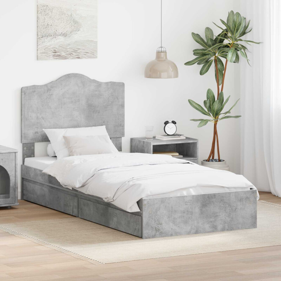 vidaXL Opslag bed met hoofdeinde Beton Grijs 90 x 200 cm Bewerkt hout afbeelding 1