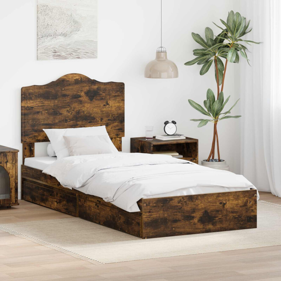 vidaXL Opslag bed met lade Gerookt eiken 90 x 200 cm Bewerkt hout afbeelding 1