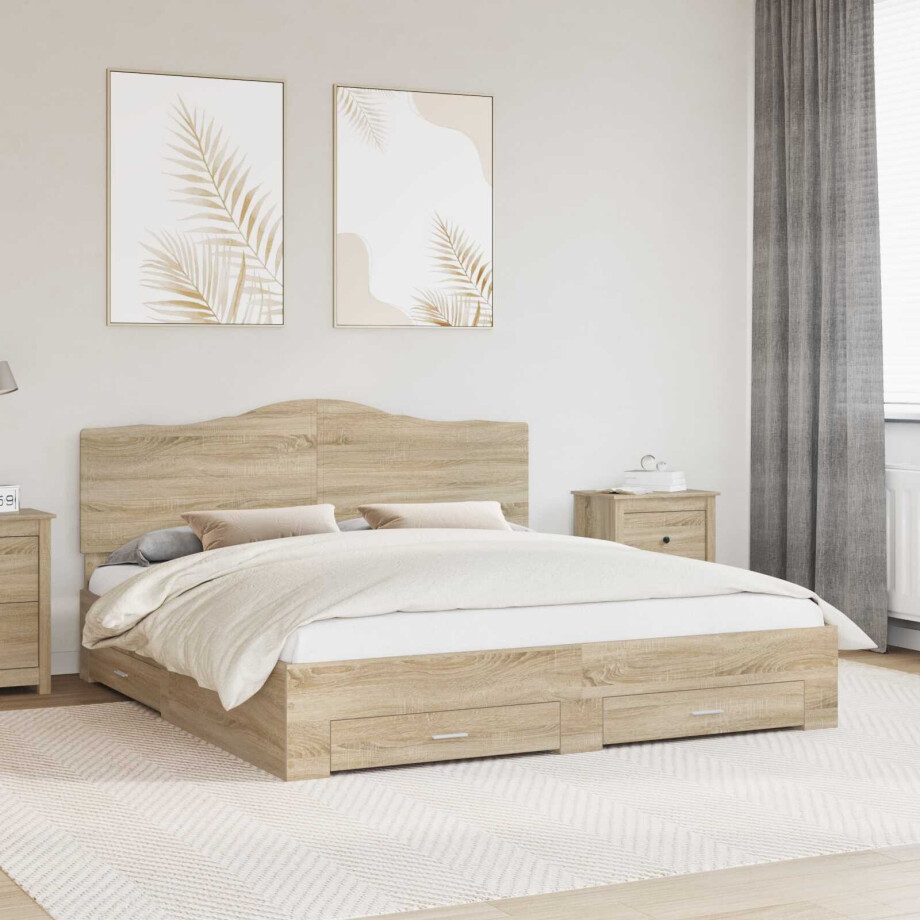 vidaXL Bedframe met hoofdeinde Sonoma Eiken 200 x 200 cm Bewerkt hout afbeelding 1
