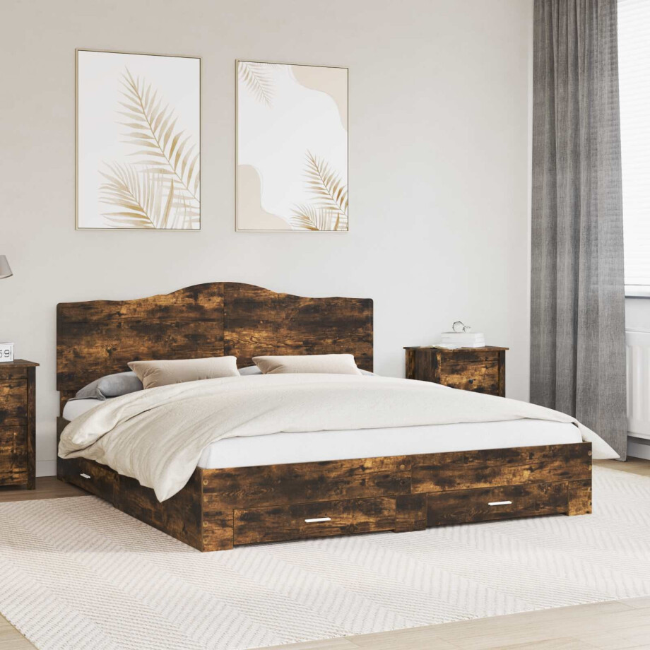 vidaXL Bedframe met hoofdeinde Gerookt eiken 200 x 200 cm Bewerkt hout vidaXL Bedframe met hoofdeinde Gerookt eiken 200 x 200 cm Bewerkt hout afbeelding 1