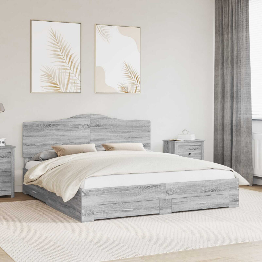 vidaXL Bedframe met hoofdeinde Grijs Sonoma 200 x 200 cm Bewerkt hout afbeelding 1