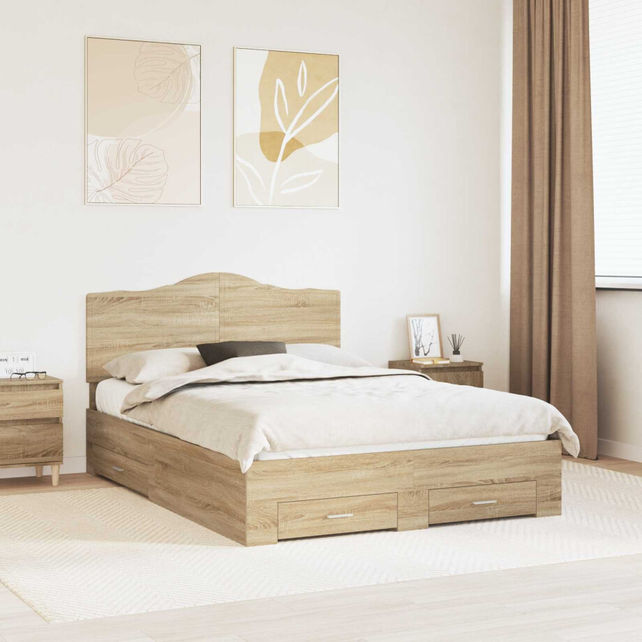 vidaXL Bedframe met hoofdeinde Sonoma Eiken 140 x 200 cm Bewerkt hout afbeelding 1