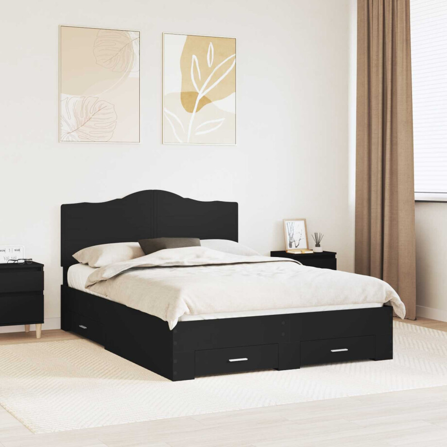 vidaXL Bedframe met hoofdeinde Zwart 140 x 190 cm Bewerkt hout afbeelding 1