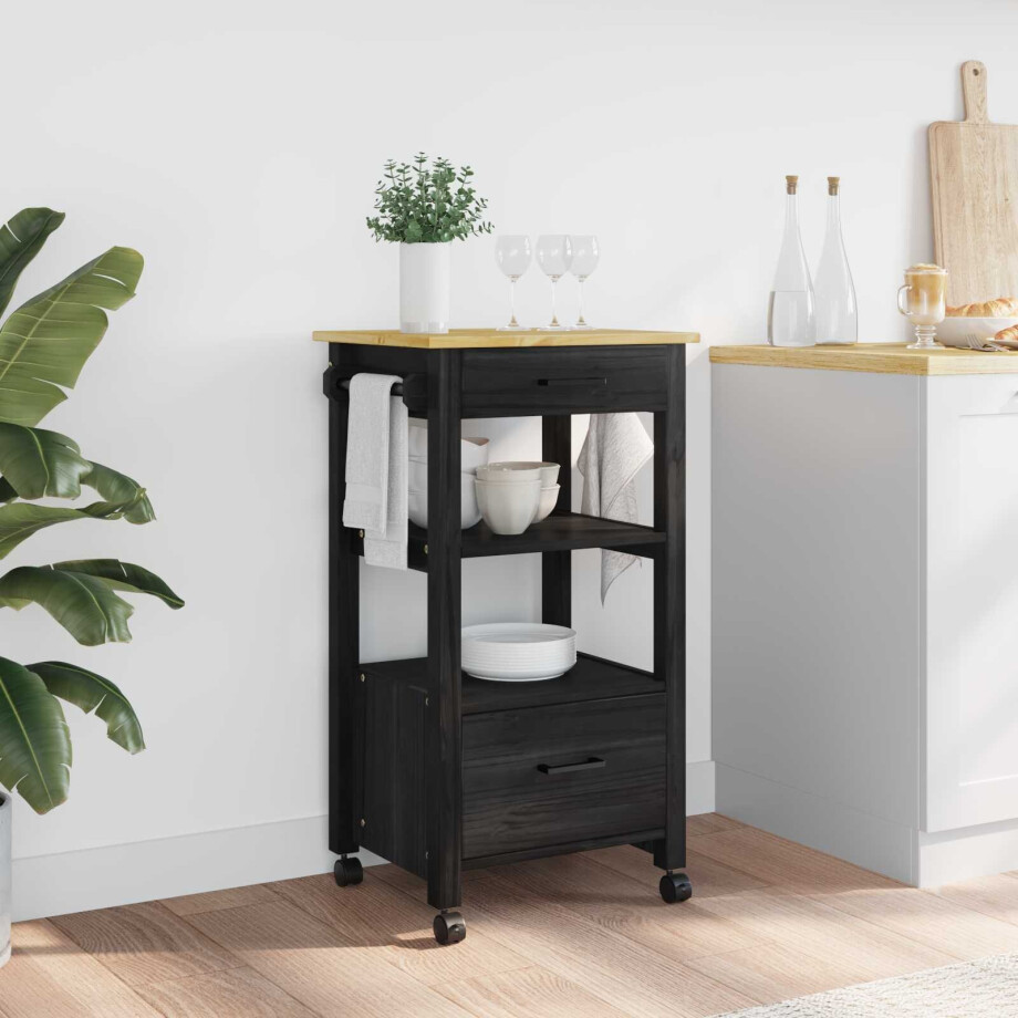 vidaXL Keuken Trolley MONZA Zwart 48 x 40 x 88,5 cm Massief Vurenhout afbeelding 1