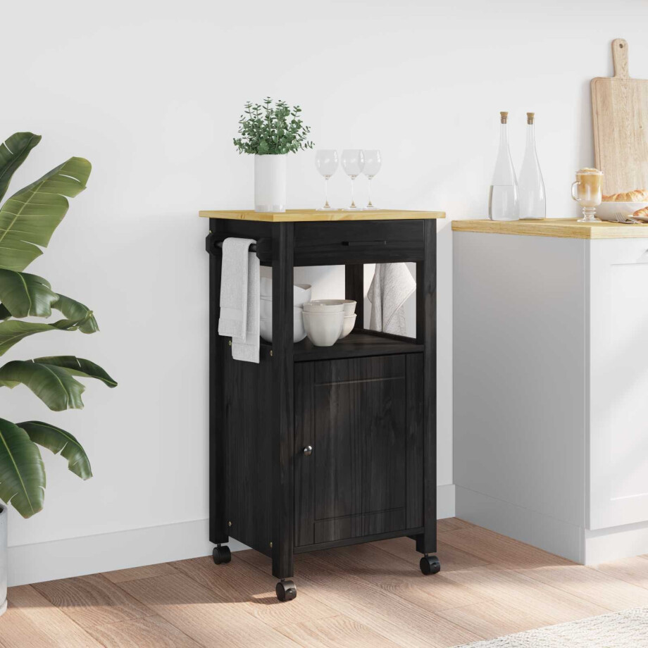 vidaXL Keuken Trolley MONZA Zwart 48 x 40 x 88,5 cm Massief Vurenhout afbeelding 1