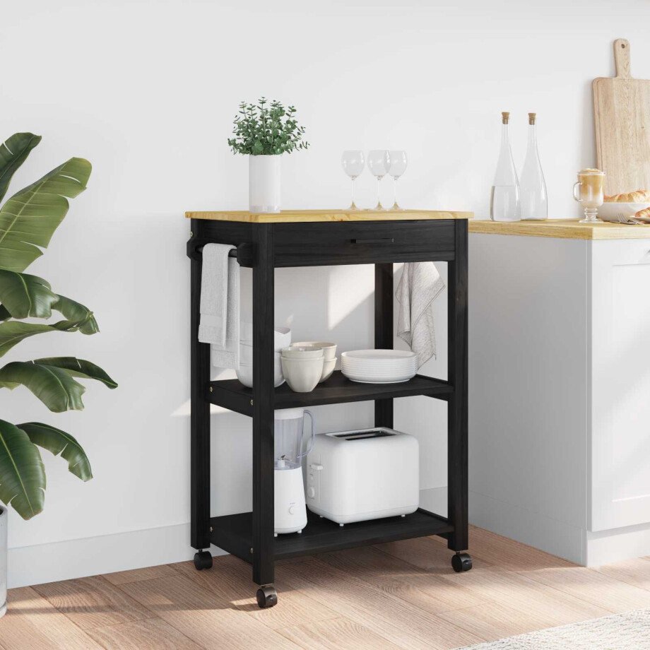 vidaXL Keuken Trolley MONZA Zwart 60 x 40 x 88,5 cm Massief Vurenhout afbeelding 1