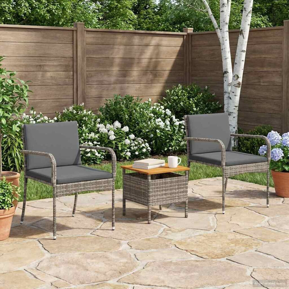 vidaXL Tuinbistroset met kussen 3-delig Grijs polyrotan vidaXL Tuinbistroset met kussen 3-delig Grijs polyrotan afbeelding 1