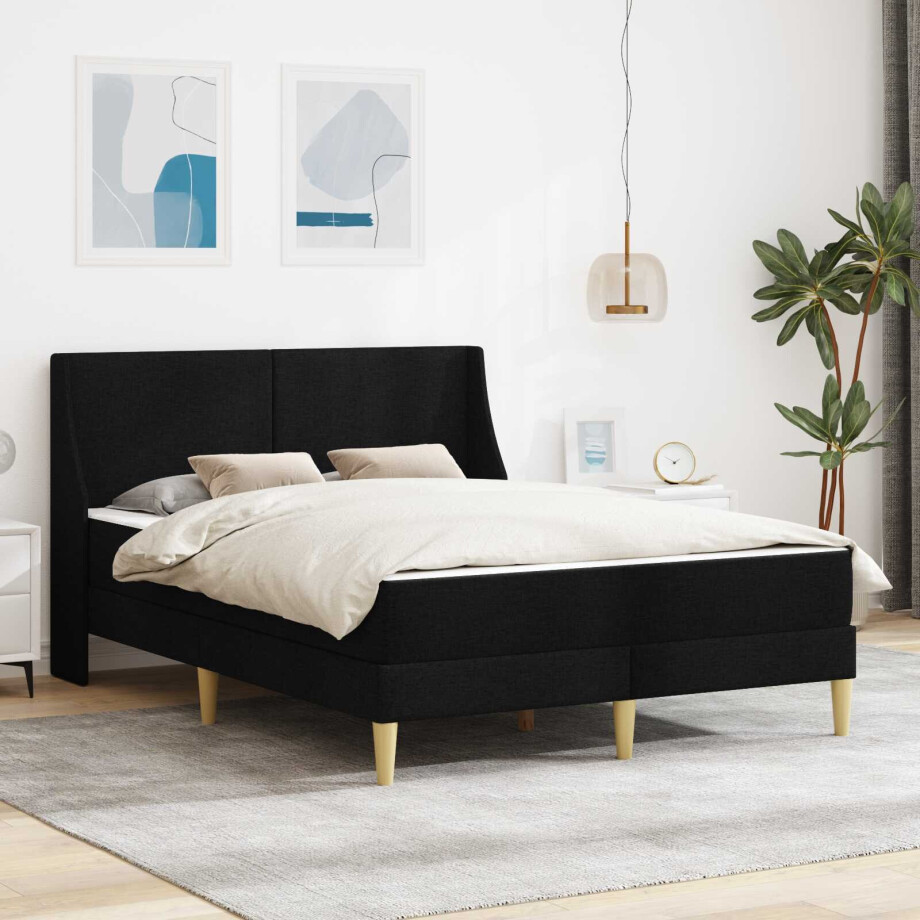 vidaXL Bedframe met matras met hoofdeinde Zwart 160 x 200 cm Polyester afbeelding 1