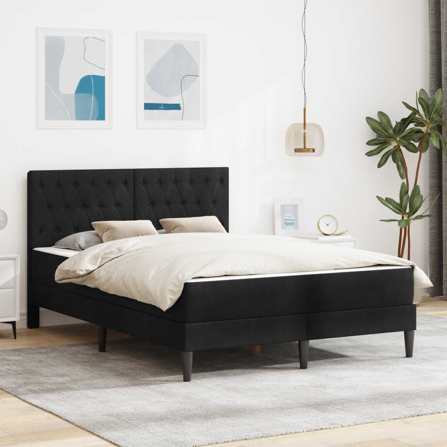 vidaXL Bedframe met matras met hoofdeinde Zwart 140 x 200 cm Fluweel vidaXL Bedframe met matras met hoofdeinde Zwart 140 x 200 cm Fluweel afbeelding 1