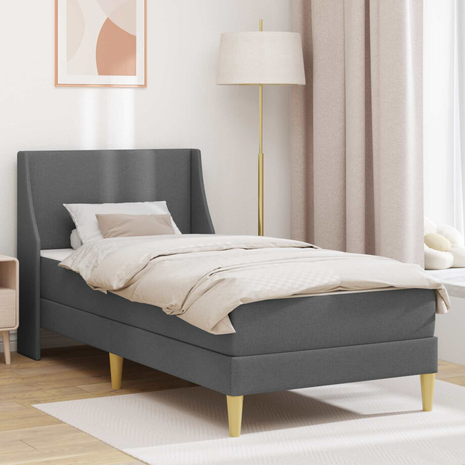 vidaXL Bedframe met matras met hoofdeinde Donkergrijs 90 x 190 cm Stof afbeelding 1