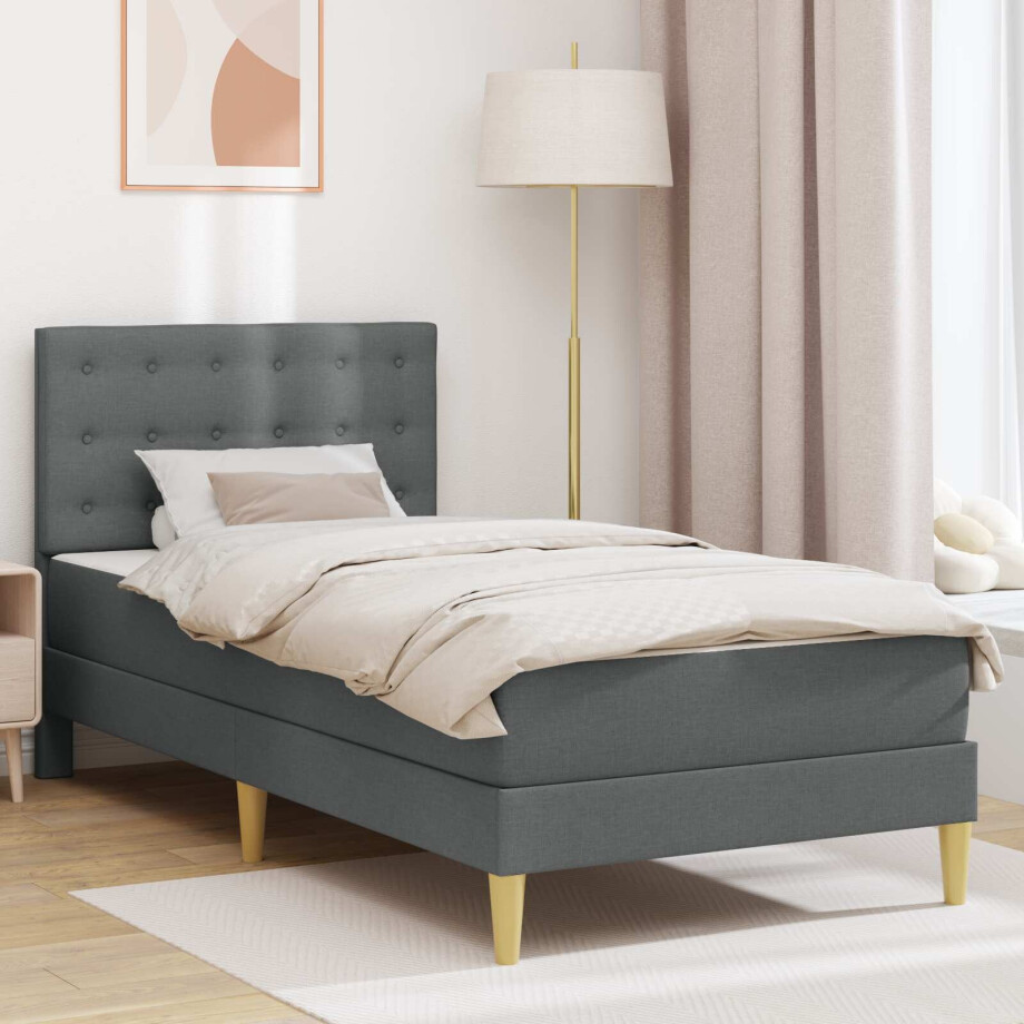 vidaXL Bedframe met matras met hoofdeinde Donkergrijs 90 x 190 cm Stof afbeelding 1