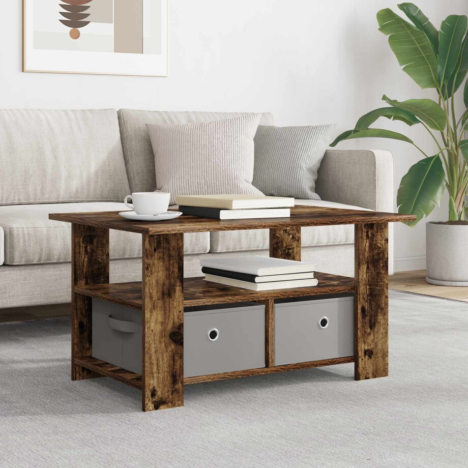 vidaXL Salontafel met lade Gerookt eiken 77 x 55 x 42 cm Bewerkt hout vidaXL Salontafel met lade Gerookt eiken 77 x 55 x 42 cm Bewerkt hout afbeelding 1
