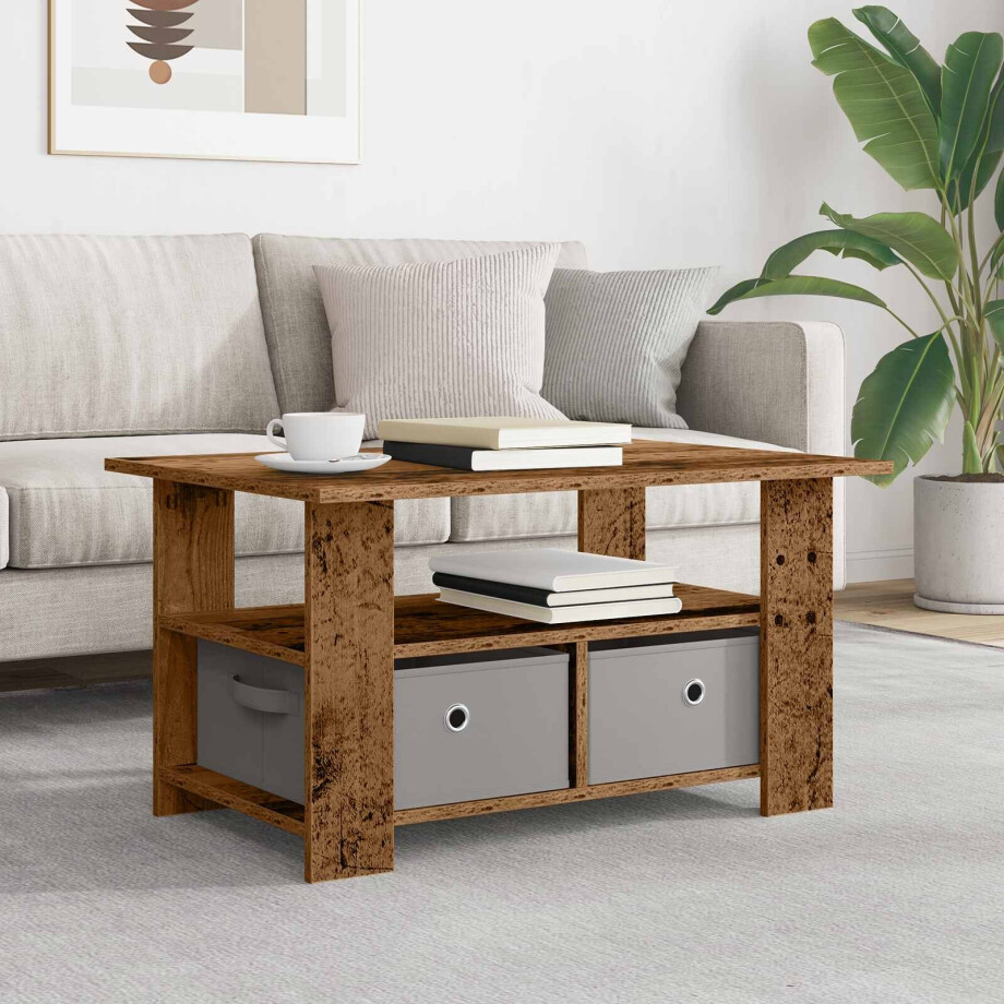 vidaXL Salontafel met lade Oudhout 77 x 55 x 42 cm Bewerkt hout afbeelding 1