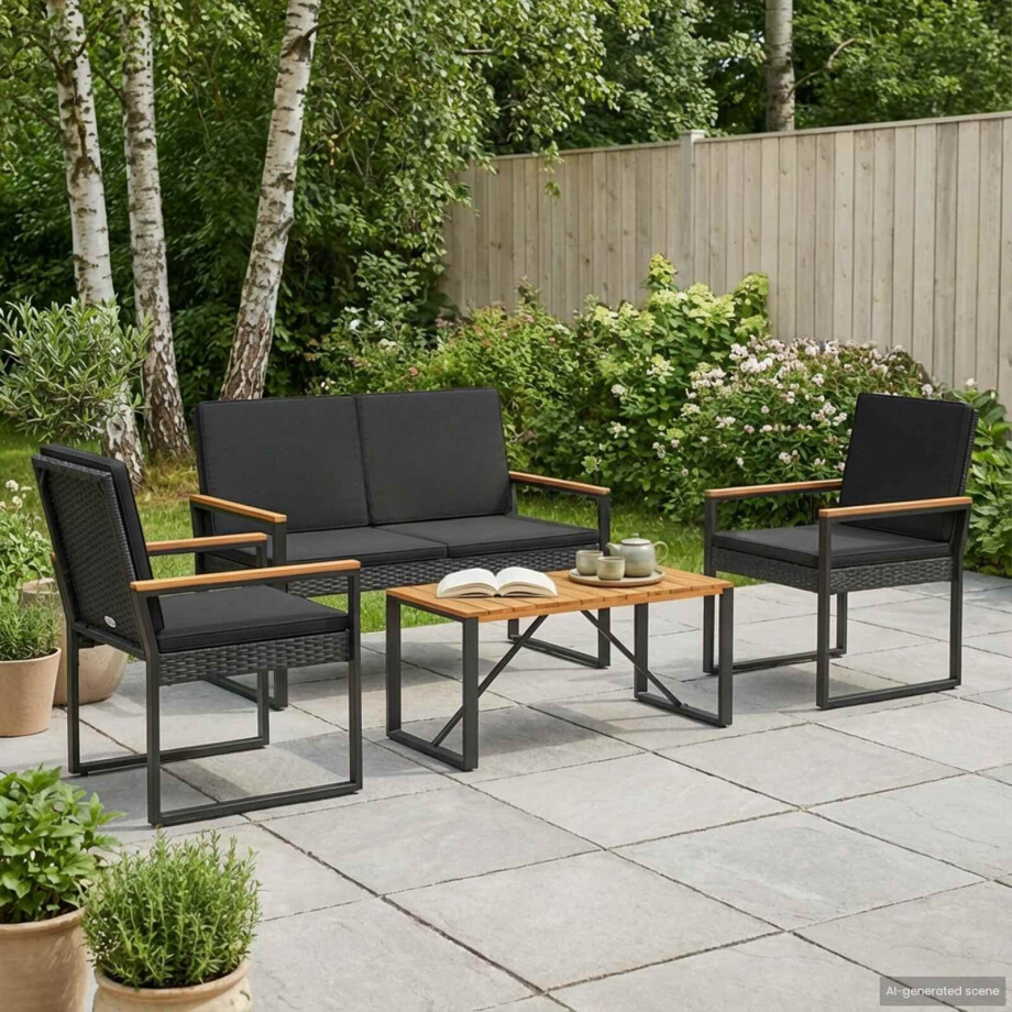 vidaXL Tuinset met kussen 4-delig Zwart polyrattan afbeelding 1