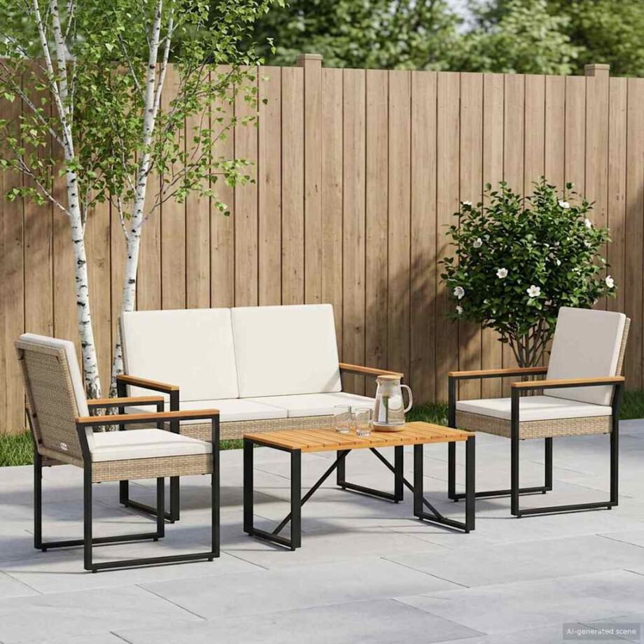 vidaXL Buitenmeubelset met kussen 4 pcs Beige en Crème Wit poly rattan afbeelding 1