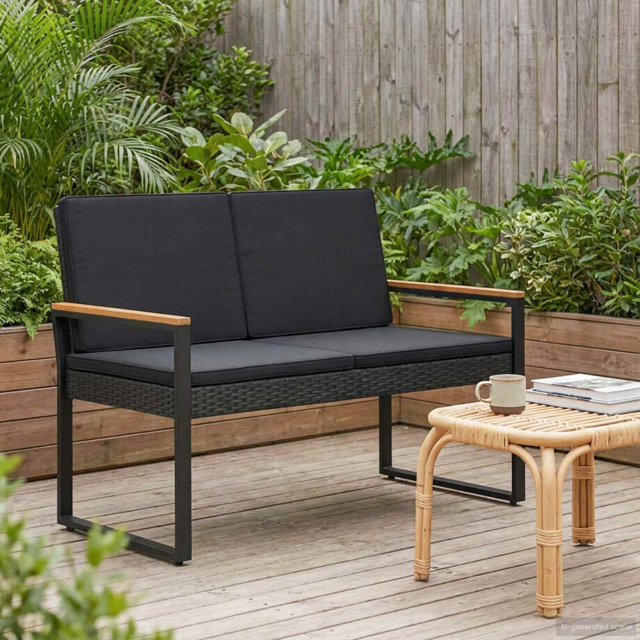 vidaXL Tuinbank met kussen Zwart 107 x 61 x 80 cm poly rattan afbeelding 1
