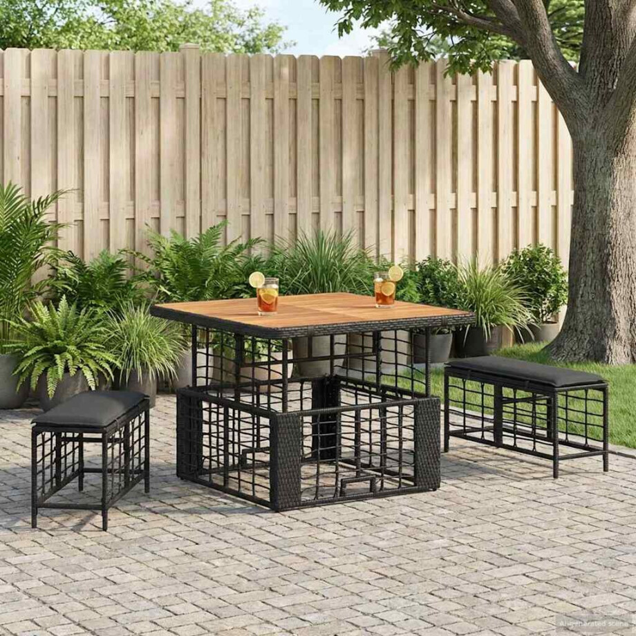 vidaXL Tuin eettafelset 3 pcs Zwart en Grijs Poly Riet en Acaciahout vidaXL Tuin eettafelset 3 pcs Zwart en Grijs Poly Riet en Acaciahout afbeelding 1