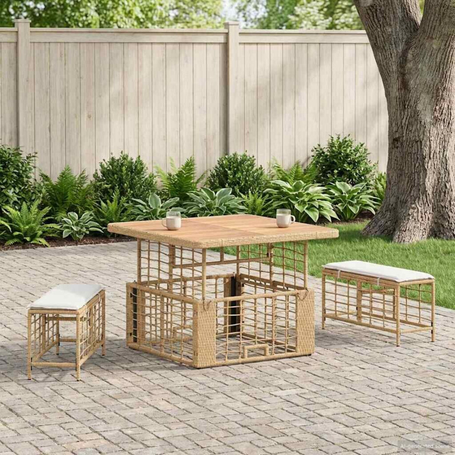 vidaXL Tuin eettafelset 3 pcs Natuur en Wit Poly Riet en Acaciahout afbeelding 1