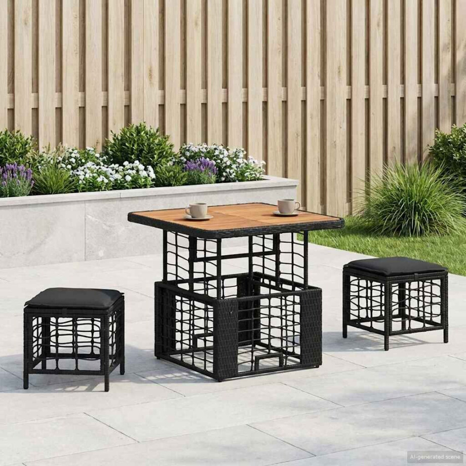 vidaXL Tuin eettafelset 3 pcs Zwart en Grijs Poly Riet en Acaciahout vidaXL Tuin eettafelset 3 pcs Zwart en Grijs Poly Riet en Acaciahout afbeelding 1