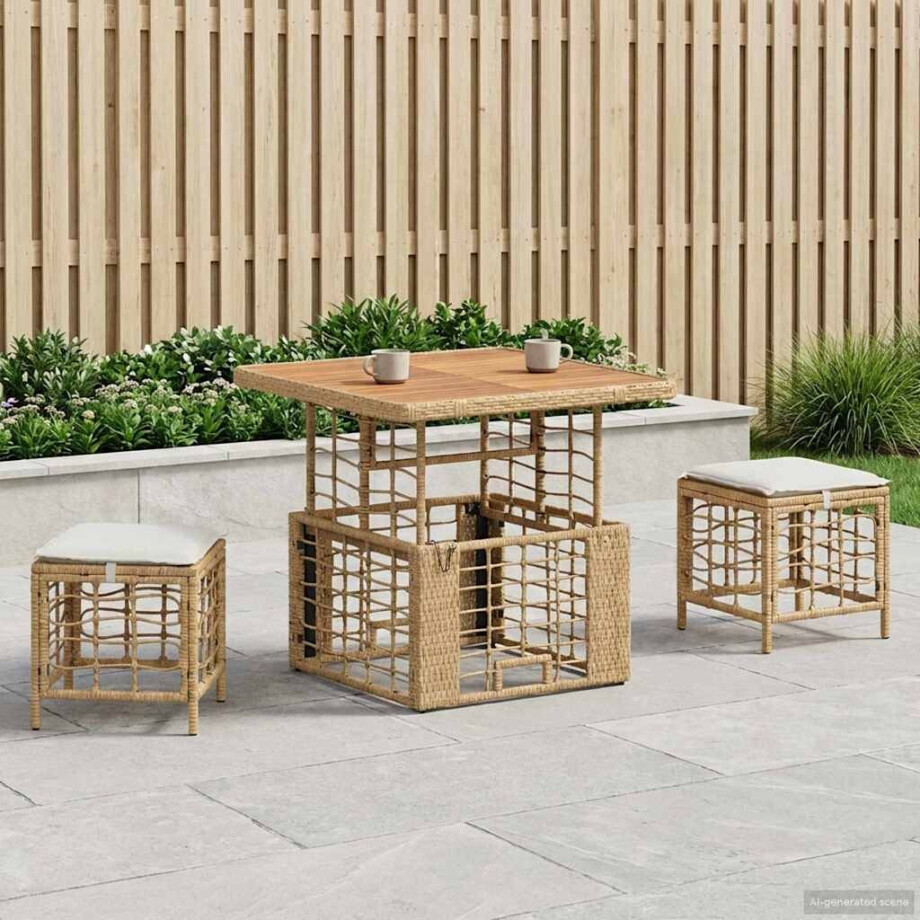 vidaXL Tuin eettafelset 3 pcs Natuur en Wit Poly Riet en Acaciahout afbeelding 1