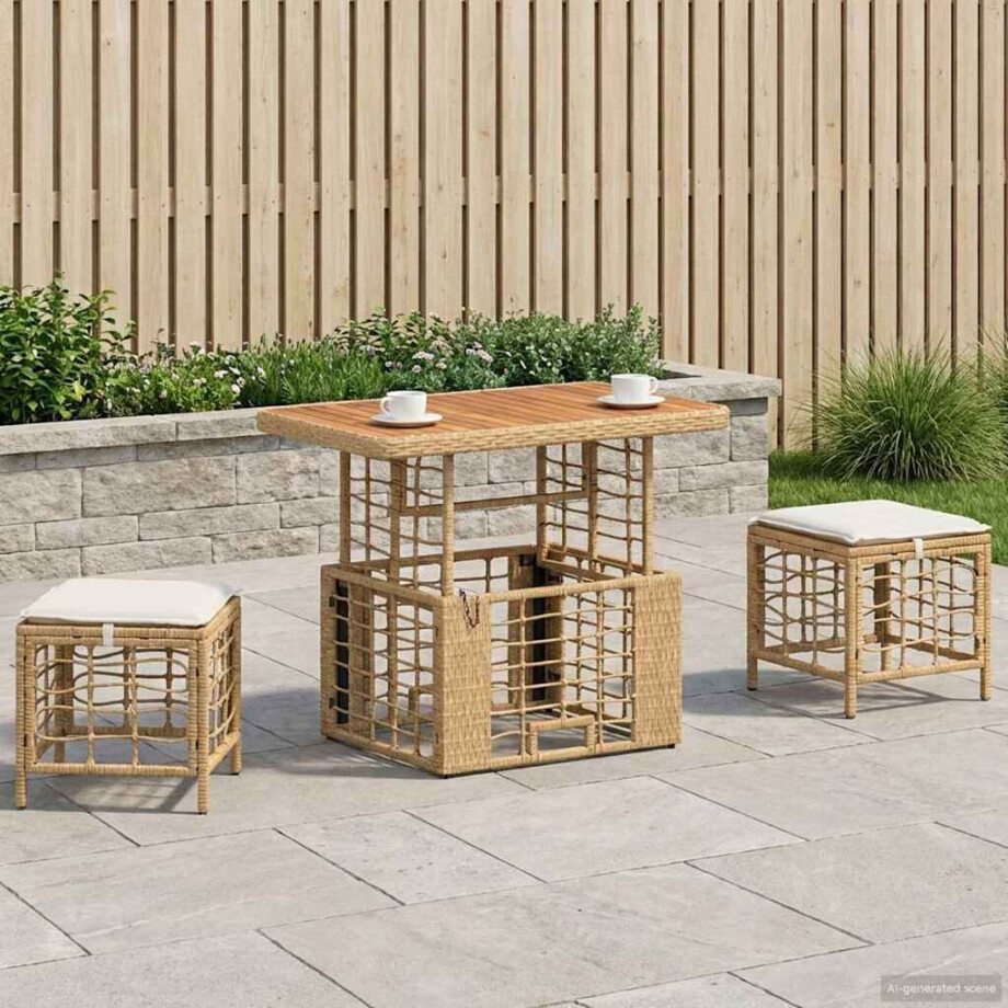 vidaXL Tuin eettafelset 3 pcs Natuur en Wit Poly Riet en Acaciahout afbeelding 1