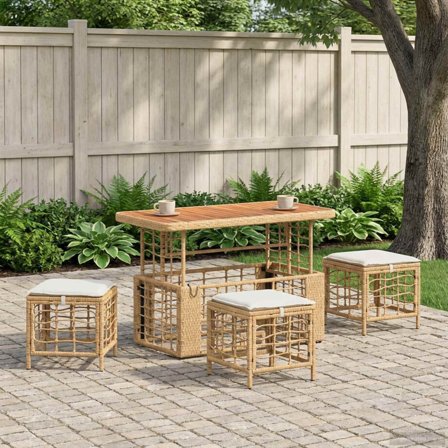 vidaXL Tuin eettafelset 4 pcs Natuur en Wit Poly Riet en Acaciahout afbeelding 1