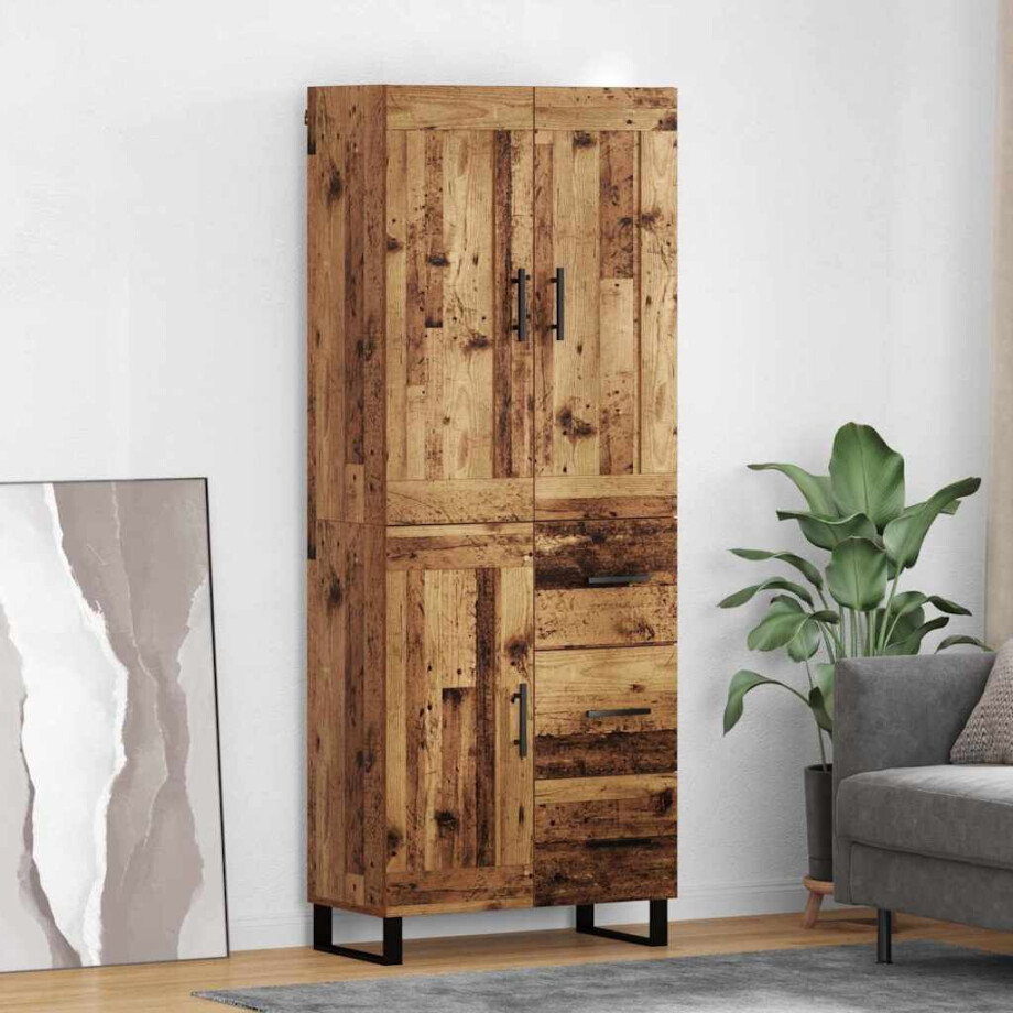vidaXL Hoge kast met lade Oudhout 69,5 x 34 x 180 cm Bewerkt hout afbeelding 1