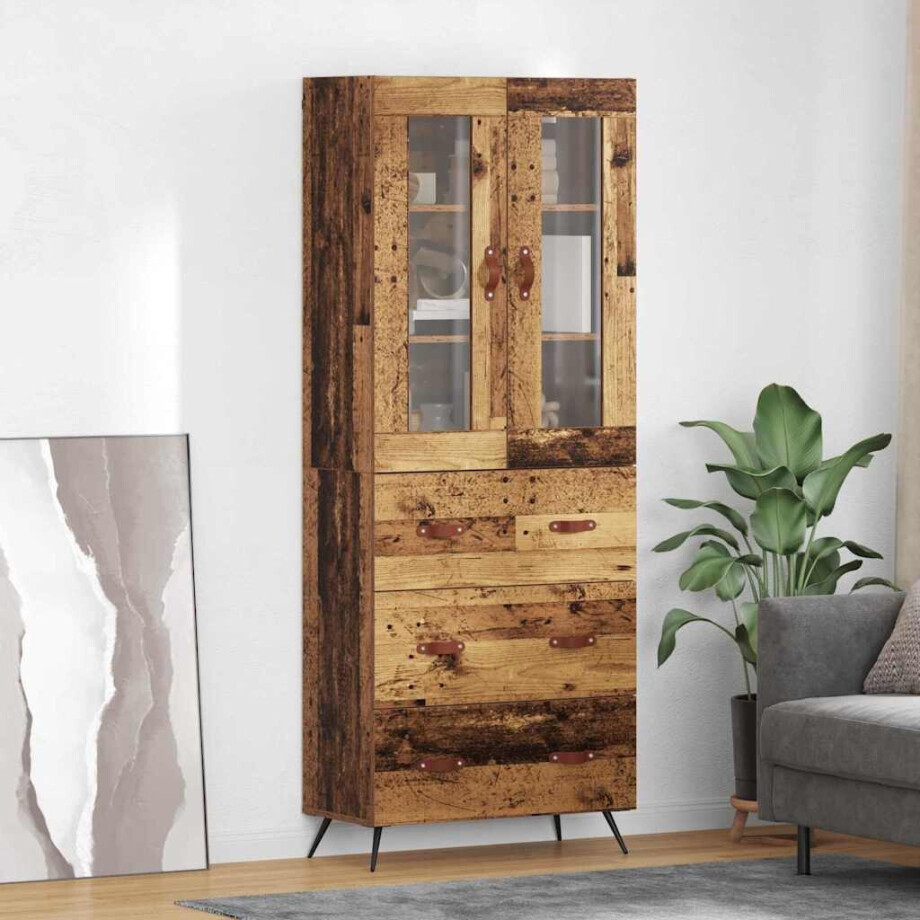 vidaXL Hoge opbergkast met plank met lade 2 stuks Oudhout bewerkt hout afbeelding 1