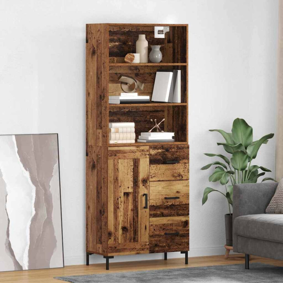 vidaXL Hoge kast met lade Oudhout 69,5 x 34 x 180 cm Bewerkt hout afbeelding 1
