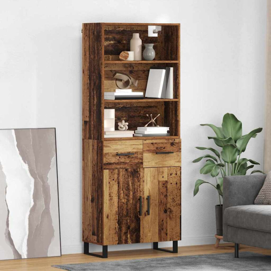 vidaXL Hoge kast met lade 2 pcs Oudhout Bewerkt hout afbeelding 1